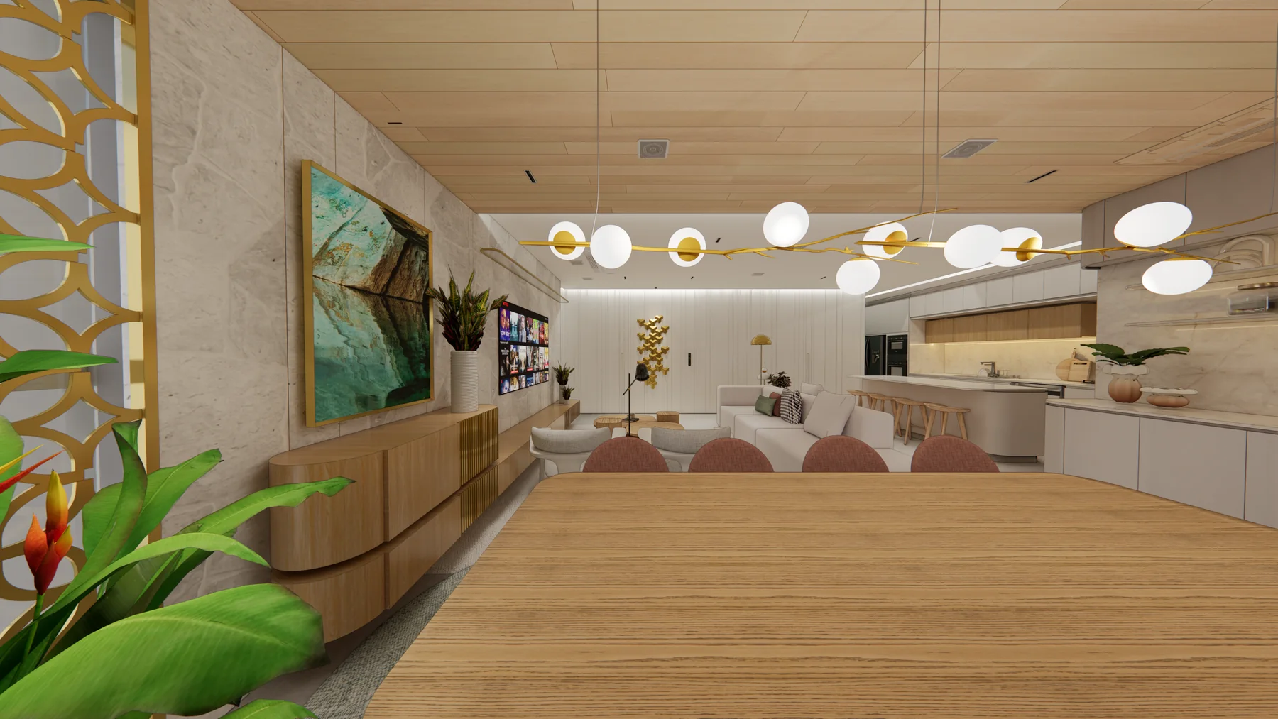 Imagem conceitual da sala de jantar e cozinha do projeto Mirant Ibirapuera