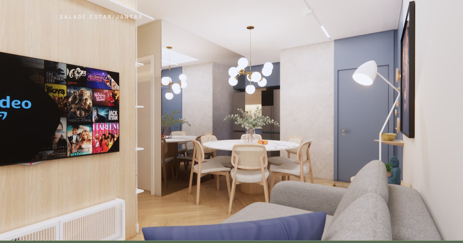 Sala de estar e jantar integradas com parede de pedra e adega
